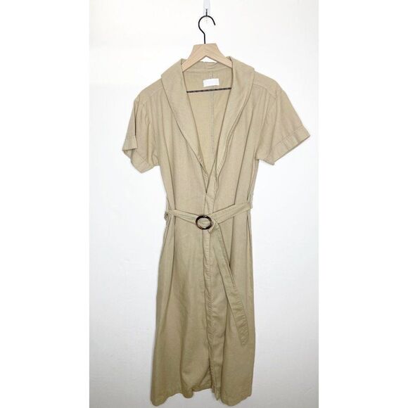 Boyish The Ezra Belted Midi Wrap Dress Short Sleeve Cotton Tan Size XS - Picture 2 of 9